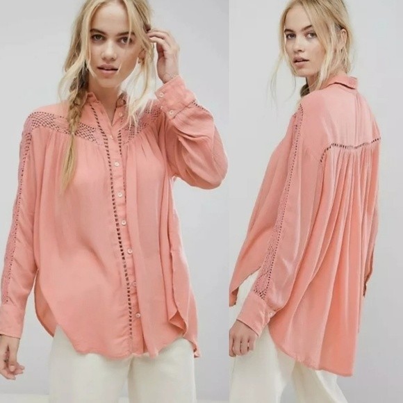 Free People Lace Boho Peasant Blouse Button Up Long Sleeve Top Pink Peach Small - Picture 1 of 7